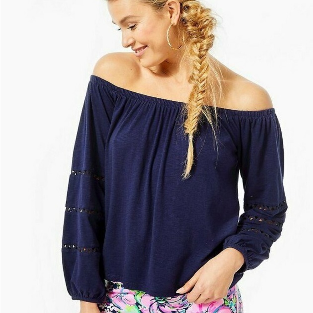 Lilly Pulitzer Katt Off Shoulder Top Navy Blue XS Boho Peasant